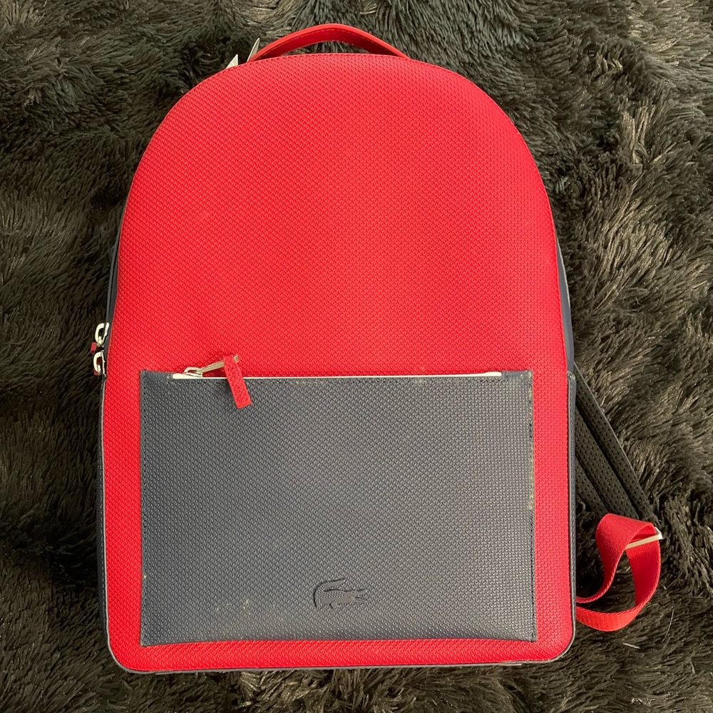 Lacoste Split Cow Leather Backpack 17”H x 12” W x 5” Deep  RED WHITE BLUE